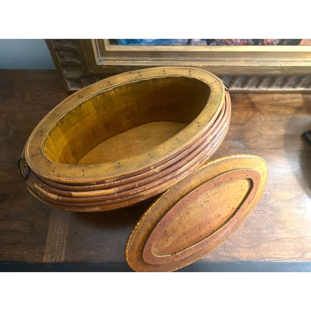Vintage Rattan Pencil Reed Basket Wood Interior Oval Lid - Picture 7 of 12